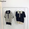 Neploe Fashion Tシャツの女性の縞模様半袖コントラストカラーティーダウンカラーニット気質韓国の女性トップ210623