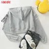 Tangada Women Gray Crop Hoodie Sweatshirts Zipper 2021 Ladiespocket Hooded Jacket 2J29 Y0820