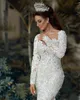 Illusion Długi rękaw Suknie ślubne z odłączanym pociągiem Luksusowe koronki Perły Arabskie ASO EBI Princess Wedding Gown szaty