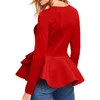 Damen T-Shirt Weiß Rüschensaum Herbst Winter Langarm Damen Tops Blusen Büro Dame Elegant Schwarz Rot Lässig Schößchen Weiblich