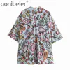 Fruit Print Zomer Textuur Losse Shirt Mode Gekleed Kraag Pocket Front Folds Back Dames Casual Long Blouses Vrouw 210604