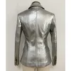 High Street Nyaste Barock Fashion 2021 Designer Jacka Kvinnors Lion Metal Knappar Faux Silver Leather Blazer Outer Coat X0721