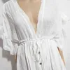 2021 Boho Beach Style Summer Women Solid Color Deep V Neck Maxi DrFemale BacklShort Sleeve Pleated A-line Casual Dresses X0621