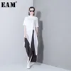 [EAM] Женская белая однотонная асимметричная длинная футболка с разрезом, новая модная футболка с круглым вырезом и коротким рукавом, весна-лето 2021, T298 210309
