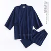 Kimono pyjamas set för samurai män bomull traditionell japanska toppbyxor ren färg casual andas yukata sleepwear 210812