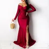 Casual Dresses Mandylandy Evening Fashion Dress Burgundy Slash Collar Kvinnor Sexig Party Split Långärmad Hög midja Bodycon