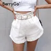 BerryGo Blanc coton taille haute femmes shorts été ceinture à volants femmes bas courts Mode pantalons courts streetwear Shorts 2021 210301