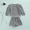 Kläder uppsättningar barn toddler baby flicka falla vinterkläder houndstooth långärmad jacka ruffle skjorta topp mini kjol shorts 3pcs outfits set