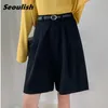 Seoulish Summer Women's Shorts With Belted Solid High Waist Office Wide Leg Elegant Lila Loose Byxor Ficka 210719