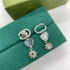 Stylowy Silver Podwójny List Kolczyki Charm Love Clear Diamond Studs Kwiat Kryształ Wisiorek Earldrop z Pudełko