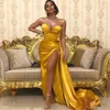 2021 Gold Sweetheart Prom Dresses Satin Długi Suknia Wieczorowa Sexy Wysokie Split Dubai Party Dress Formalne Gowns Abendkleider