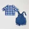 Automne garçon ensemble Plaid à manches longues chemise hauts et enfant en bas âge enfants Denim salopette 2 pièces bébé fille vêtements tenues 210309