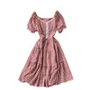 Koreanska kvinnor mode college söt pläd v-nacke a-line klänning kortärmad sommar kläder vintage vestidos R671 210527