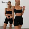 Tracksuit Women 2 Piece Sets Womens Outfits Fitness Ruched Patchwork Crop Top Biker Shorts Solid Summer Fashion Sportwear Outfit Y0719