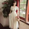 Yosimi Yaz Vintage Bej Nakış Mesh Uzun Kadınlar Elbise Kısa Kollu V Yaka Orta Buzağı Fit ve Flare Akşam Parti 210604