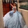 Bleu Quinceanera ciel robes bretelles D appliques florales à la main fleurs perlées sur mesure doux bal princesse robe de bal robes