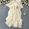 Sexy Beige/white Beach Chiffon Dress Women Summer Irregular Ruffle Spaghetti Strap Robe Female Vacation Party Vestidos 2021 New Y0603