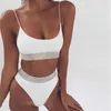 Sier Rhinestones bikini zestaw seksowne spaghetti pasek stanik elastyczne majtki kąpielowe stroje kąpielowe kobiety letnie plaż