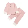 Baby 2 Knappar Rib Top + Byxor Outfits Fall 2020 Barn Boutique Kläder 0-2T Baby Boys Girls Solid Färg Casual 2 PC Set 208 Y2