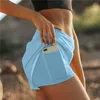 Secado rápido Entrenamiento de cintura alta Deporte Correr Pantalones cortos sólidos Mujeres Entrenamiento de fitness de doble capa con bolsillo para teléfono 210719