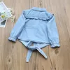 Nieuwe stijl lente baby meisjes blouse turn-down kraag ruches kinderen cowboy jeans shirts kinderen hoge kwaliteit bovenkleding 210306