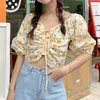 Vintage Puff Sleeve Floral Blouse Women Short Sweet Designer Chiffon Tops Female Spring Casual Lady Sexy Party Clothes 210604