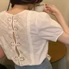 Korejpaa Women Shirt Summer Korean Chic Retro Gentle Temperament Round Neck Lace Hollow Crochet Halter Puff Sleeve Blouses 210526