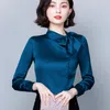 Koreańskie jedwabne kobiety Bluzki Kobiety Koszulki z długim rękawem Bluzka Elegancka kobieta Bow Satynowa koszulka Plus Size Blusas Mujer de Moda 210308