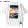 Gonthwid Oversize camisetas Streetwear Hip Hop Mar Paisagem Pôr do sol Imprimir Manga Curta Tees Algodão Fashion Harajuku Casual Tops C0315