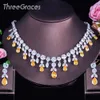 ThreeGraces Luxury Brand Yellow Cubic Zirconia Big Dangle Drop Earrings and Necklaces Women Wedding Costume Jewelry Sets JS266 H1022