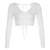 Białe Koszulki Kobiety V Neck Backless Długim Rękawem Ruffles Bandaż Krojenia Crop Top Sexy Koronki Edge Y2K Estetyka Tee Sukienna Y0629