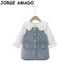 Toddler Girl Fall Kläder s Outfits Peter Pan Collar Vitskjorta + Denim Sundress 2PCS Baby E20129 210610