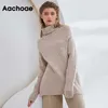 Autumn Aachoae Winter Women Solid Turtleeck Pullovers Top Batwing Long Rleeve Warm Sempeed Striped Casual Loose Jumper 210922