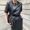 New fashion women's hollow out PU leather short sleeve t-shirt and high waist pencil midi long skirt twinset 2 pcs dress suit