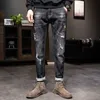 Biker Jeans Men Dark Blue Stretch Slim Fit Distressed Streetwear Printed Pattern Denim Pants Casual Man Trousers Hip Hop Jeans X0621