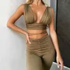 Jocoo Jolee Women Summer Casual Sexy Solid Party Club Suit Deep V Neck Halter Crop Top And High-Waist Pants Two Piece Set 210619