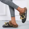 LazySeal Autumn Real Fur Metal Chain Mules Women schoenen Loafers rond teen Casual schoenen vrouwen harige glijbanen pluizige harige flip flops y1206