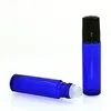 Bouteilles en verre de couleur bleue de 10 ml avec rouleau en acier inoxydable et couvercle noir pour parfum d'huile liquide E pas cher en gros livraison DHL gratuite