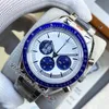 42mm Miyota Quratz Chronograph Mens Watch 310.32.42.50.02.001 Blue Ceramic Bezel White Dial Stainless Steel Bracelet Stopwatch Puretime I11b2