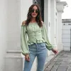 women's T-shirt front bandage back rubber band Lantern Sleeve straight neck waist short top Long Sleeve Chiffon shirt