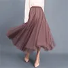 Tule saias mulheres malha elástico tutu saia primavera verão coreano cintura alta kpop moda plissada saia longa preta / cáqui 210310