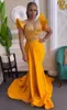 2022 Plus Size Arabski ASO EBI Yellow Mermaid Sexy Prom Dresses Koronki Kryształy Satynowe Wieczór Formalna Party Drugi Recepcja Druhna Suknie Dress ZJ266