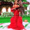 Stunning Red African Evening Dress Mermaid Short Sleeves Ruffles Skirt Prom Dress Lace Appliques Vestidos De La Celebridad