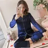 Women Pajamas Sets Quality Sexy Navy Satin Ice Silk Sleepwear Korea Sweet Long Sleeve Trousers Pyjamas 210809