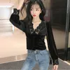 V-neck Woman Shirt Vintage Lace Women Blouse Solid Deep Pleuche Top Style Panel Long Sleeve Office Lady Clothes 10563 210527