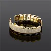New Trendy Yellow Gold Silver Plated Full CZ Diamond Teeth Grillz Set Top Bottom Grill Set vampire Teeth Party Gift