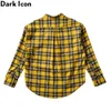 Plaid Flanel Shirt Mannen Lange Mouw Henry Collar Oversized Heren Shirt Street Fashion Shirts voor Mannen Rood / Geel 210603