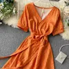 Vrouwen Bandage Vintage Jurk Zomer Korte Mouw V-hals Boydcon Jurken Dames Bloemen Gedrukt Orange Lange Robe Vestidos 210525