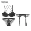 Termezy Novo Plus Size Underwear Sexy Lingerie Set Push Up Sutiã Set Intimates Temptation Lace Bra e Calcinha Com Garters Sets X0526