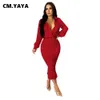 CM.YAYA Donna Autunno Inverno Button Up Manica lunga Impilato Drappeggiato Sirena Vestito aderente Sexy Club Party Matita Abiti longuette 210719